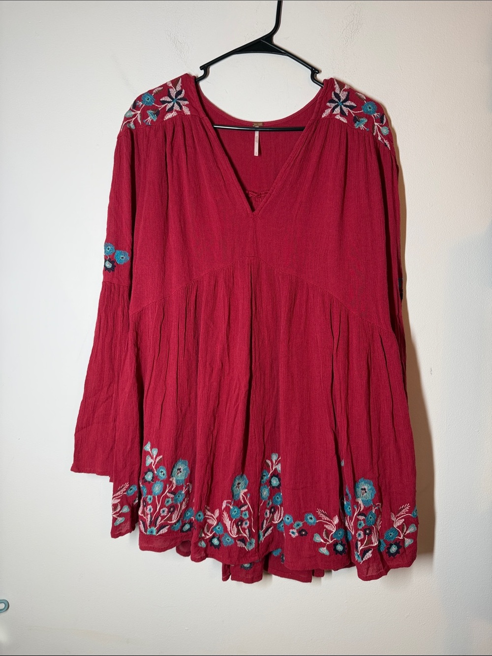 Free People Crimson Embroidered V-Neck Peasant Tunic